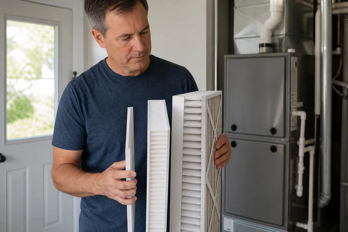 Homeowner comparing 1-inch, 2-inch, and 4-inch pleated HVAC air filters beside a furnace.