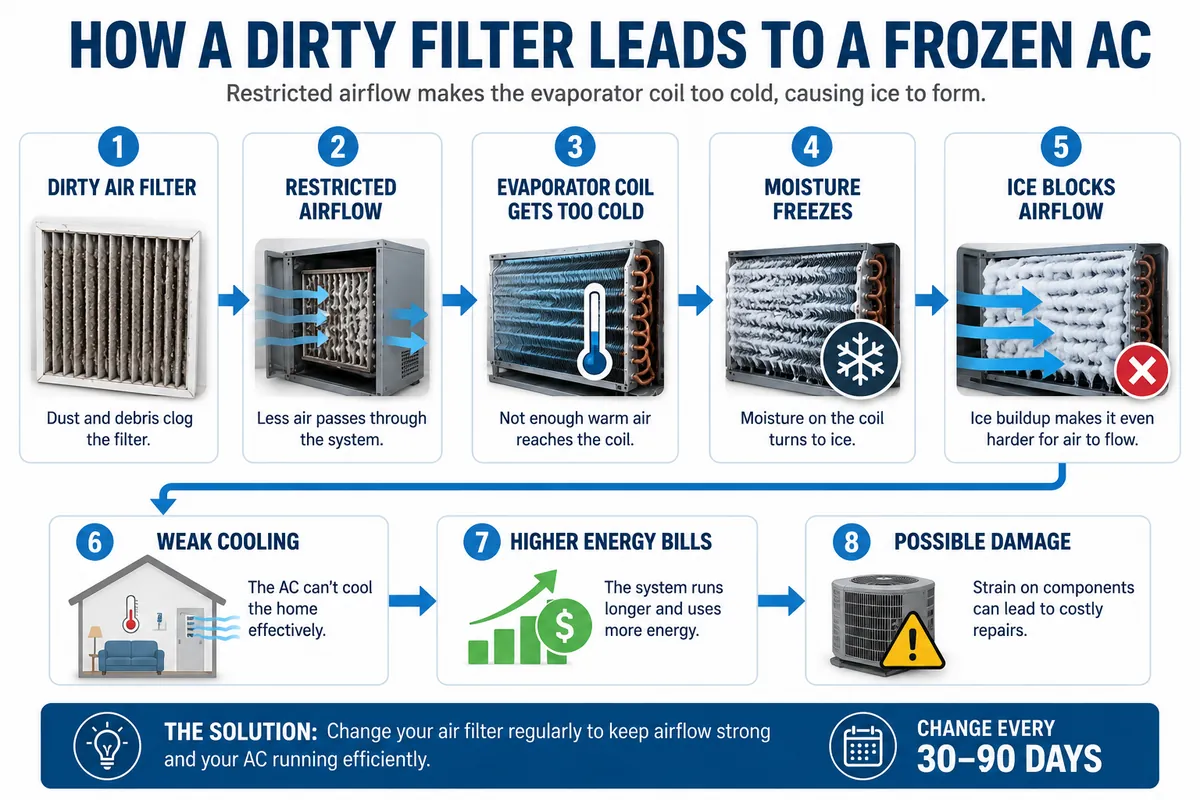Diagram showing a dirty air filter restricting warm airflow across an evaporator coil and contributing to ice formation.