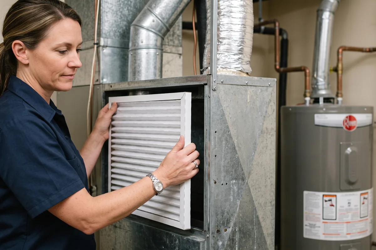 Homeowner sliding an air filter into an accessible furnace filter slot.