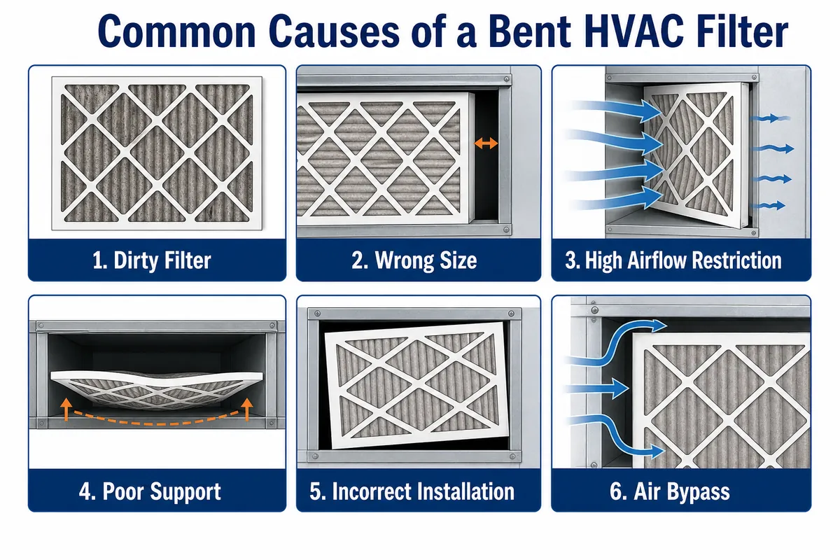 Infographic showing six common causes of a bent HVAC filter: dirt, wrong size, high airflow restriction, poor support, incorrect installation, and air bypass.