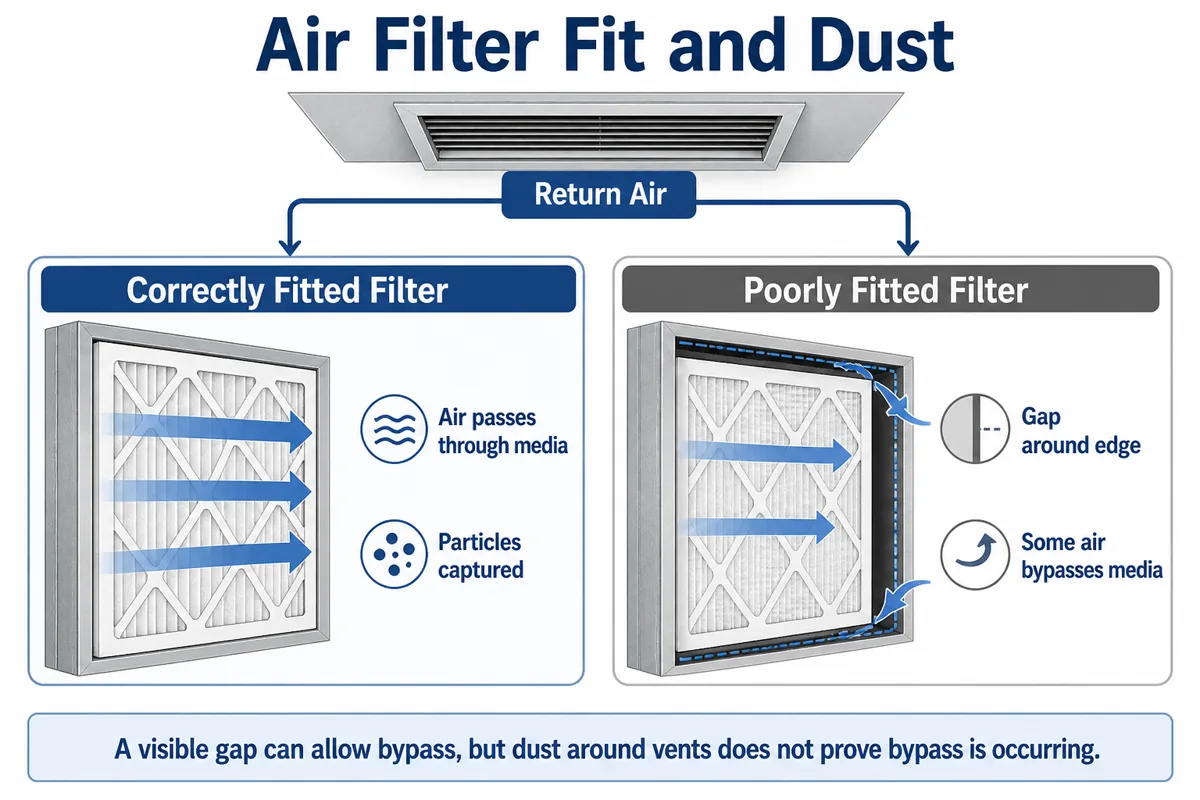 Comparison of return air passing through a correctly fitted filter versus some air bypassing a poorly fitted filter through an edge gap.