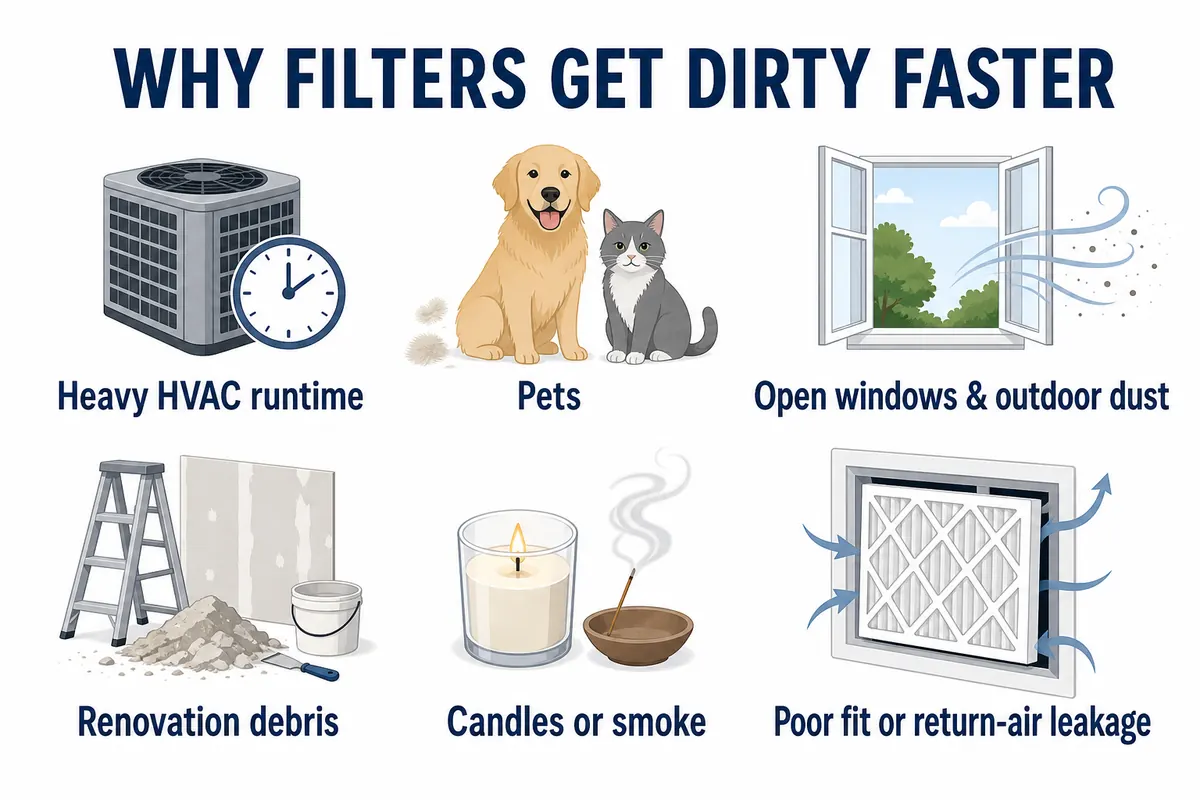 Infographic showing six reasons HVAC filters get dirty faster: heavy runtime, pets, outdoor dust, renovation debris, smoke, and poor fit or return-air leakage.