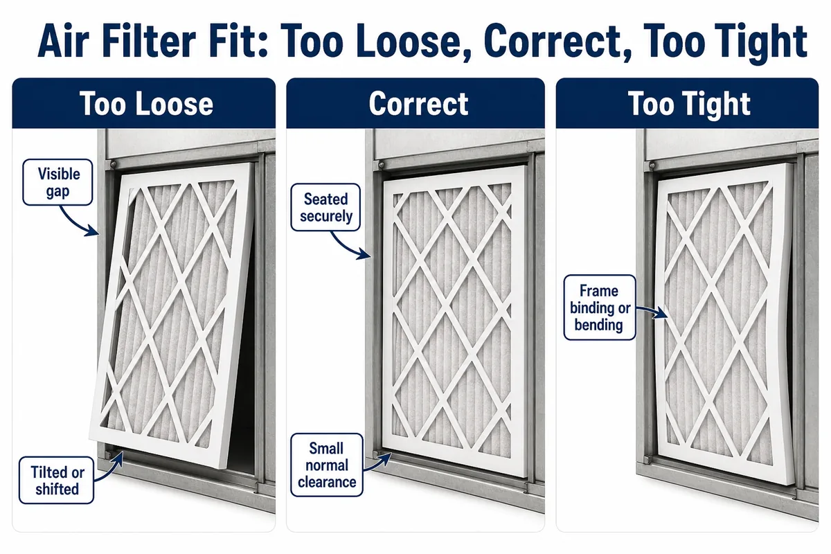 Infographic comparing an HVAC filter that is too loose, correctly seated, and too tight in its rack.