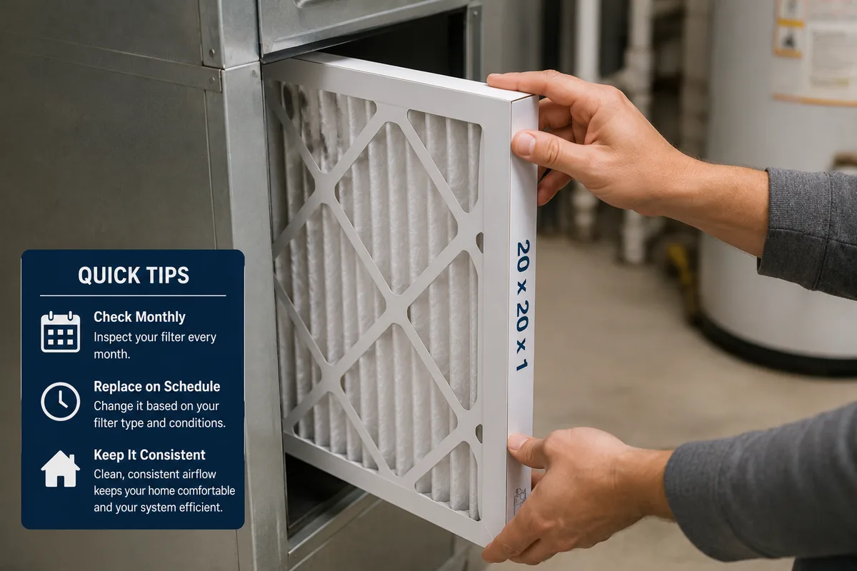 Homeowner replacing an HVAC filter with maintenance reminders to check it monthly