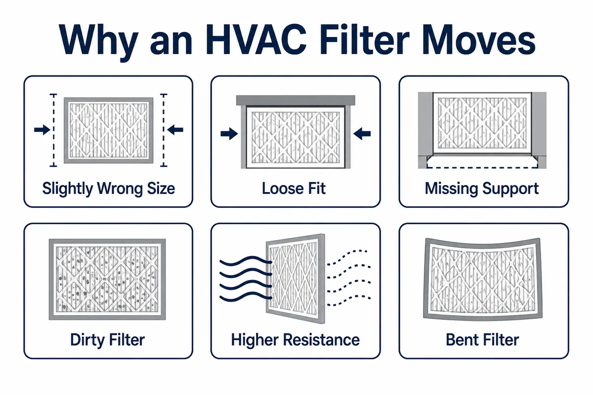 Infographic showing six causes of HVAC filter movement: wrong size, loose fit, missing support, dirt, higher resistance, and bending.