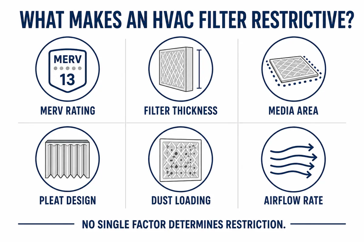 Infographic showing MERV rating, filter thickness, media area, pleat design, dust loading, and airflow rate as filter restriction factors.