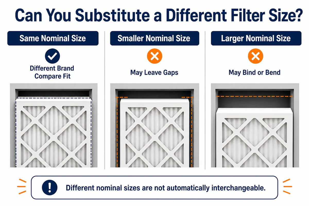 Infographic comparing a same-nominal-size brand change with smaller and larger nominal filter substitutions.