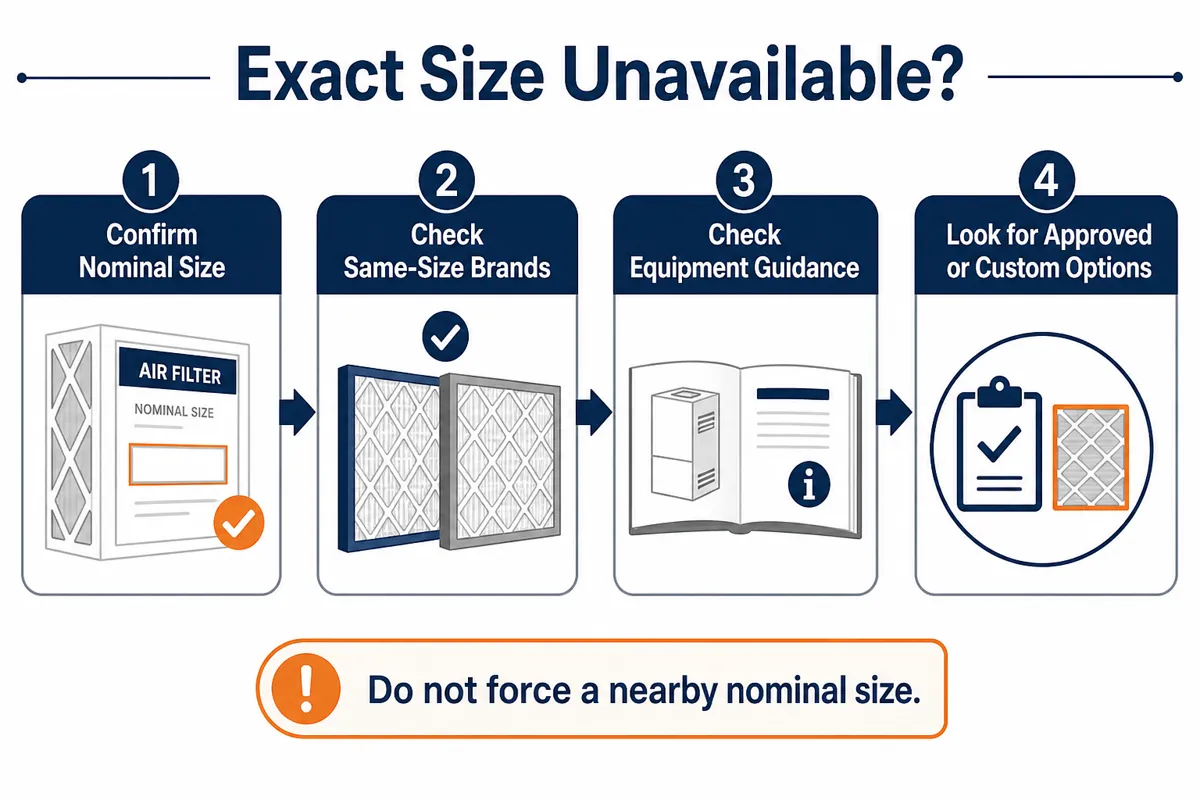 Decision guide for confirming an HVAC filter size, checking same-size brands, reviewing equipment guidance, and finding approved or custom options.
