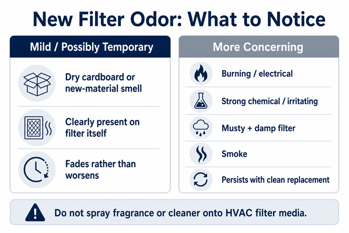 Comparison of mild dry new-filter odors with more concerning burning, irritating, musty, smoky, or persistent odors.