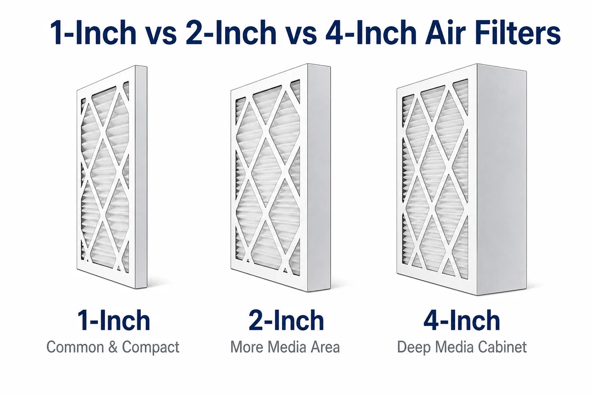 Illustrated comparison of 1-inch, 2-inch, and 4-inch pleated HVAC filter depths.