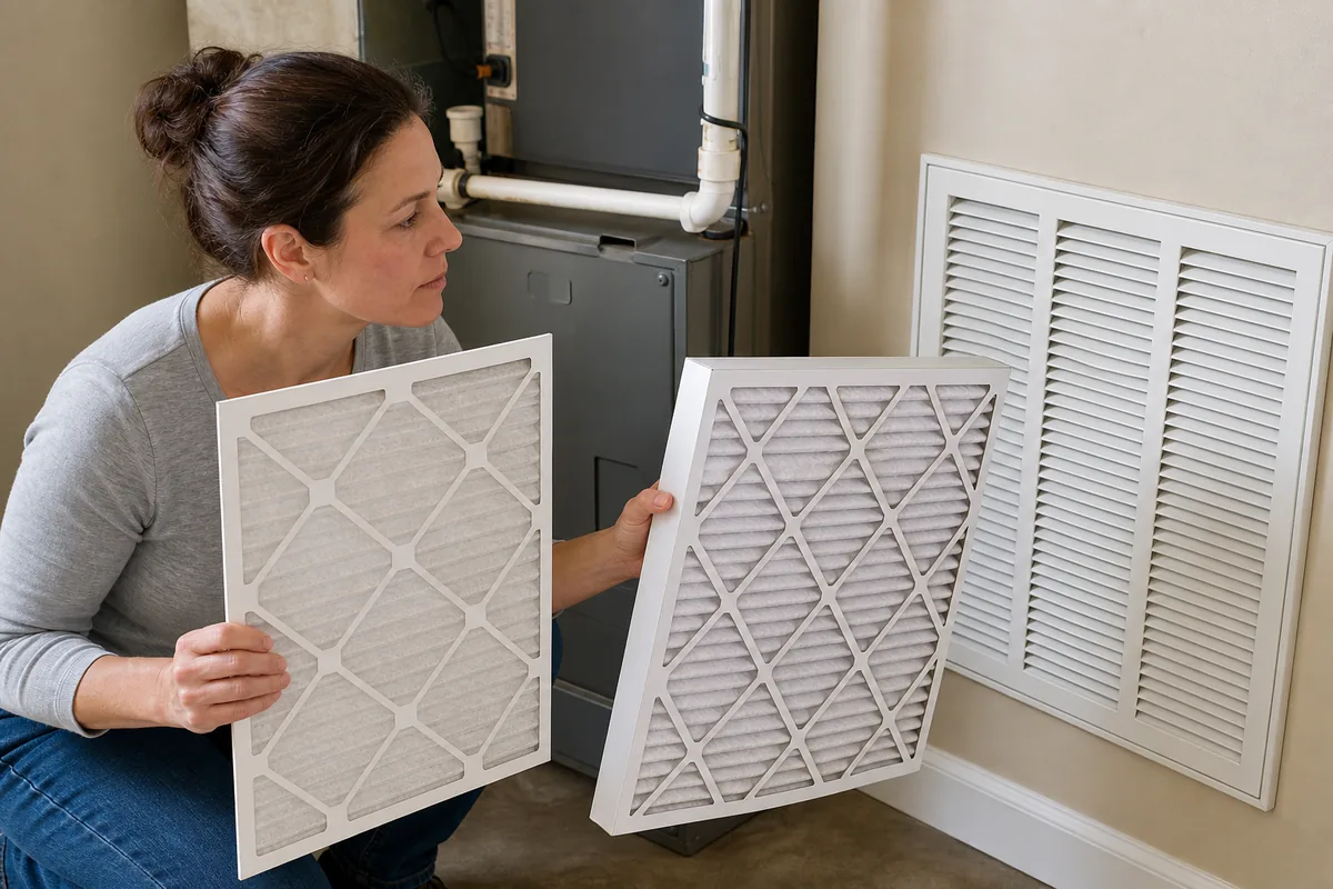 Homeowner comparing two clean pleated HVAC filters beside a furnace and return grille.