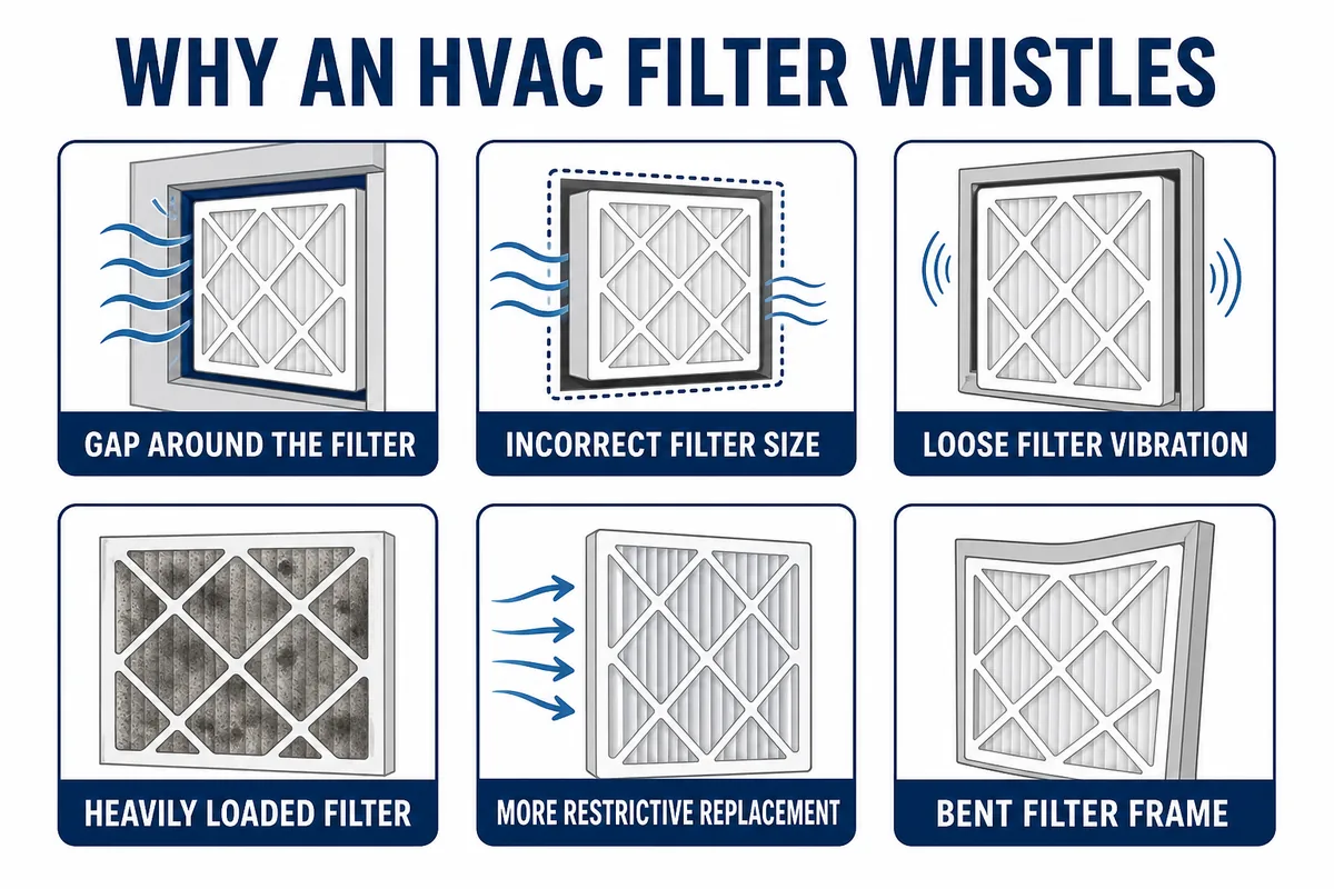 Infographic showing six causes of HVAC filter whistling: gaps, wrong size, vibration, heavy loading, a more restrictive replacement, and a bent frame.