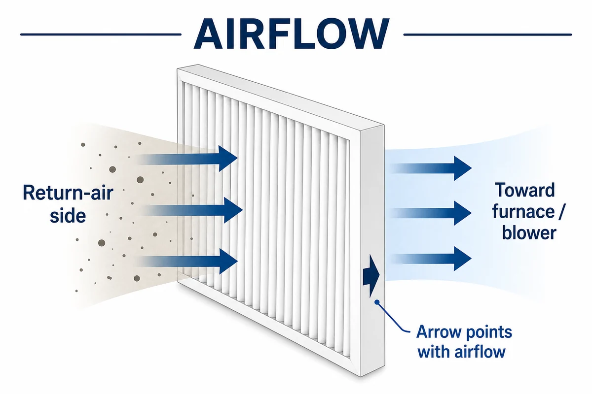 Diagram showing return air moving left to right through a pleated filter toward the furnace or blower, with the frame arrow pointing in the same direction.