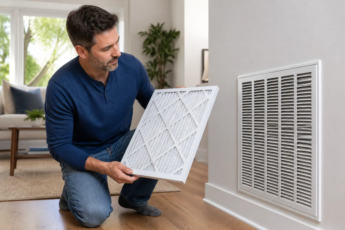 Homeowner comparing a clean pleated HVAC filter beside a wall return grille in a bright home.