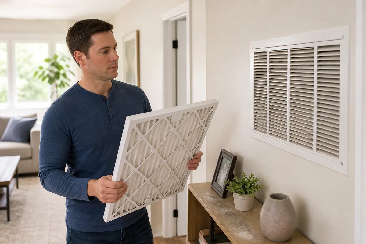 Homeowner holding a clean pleated HVAC filter beside a return grille and a lightly dusty shelf.