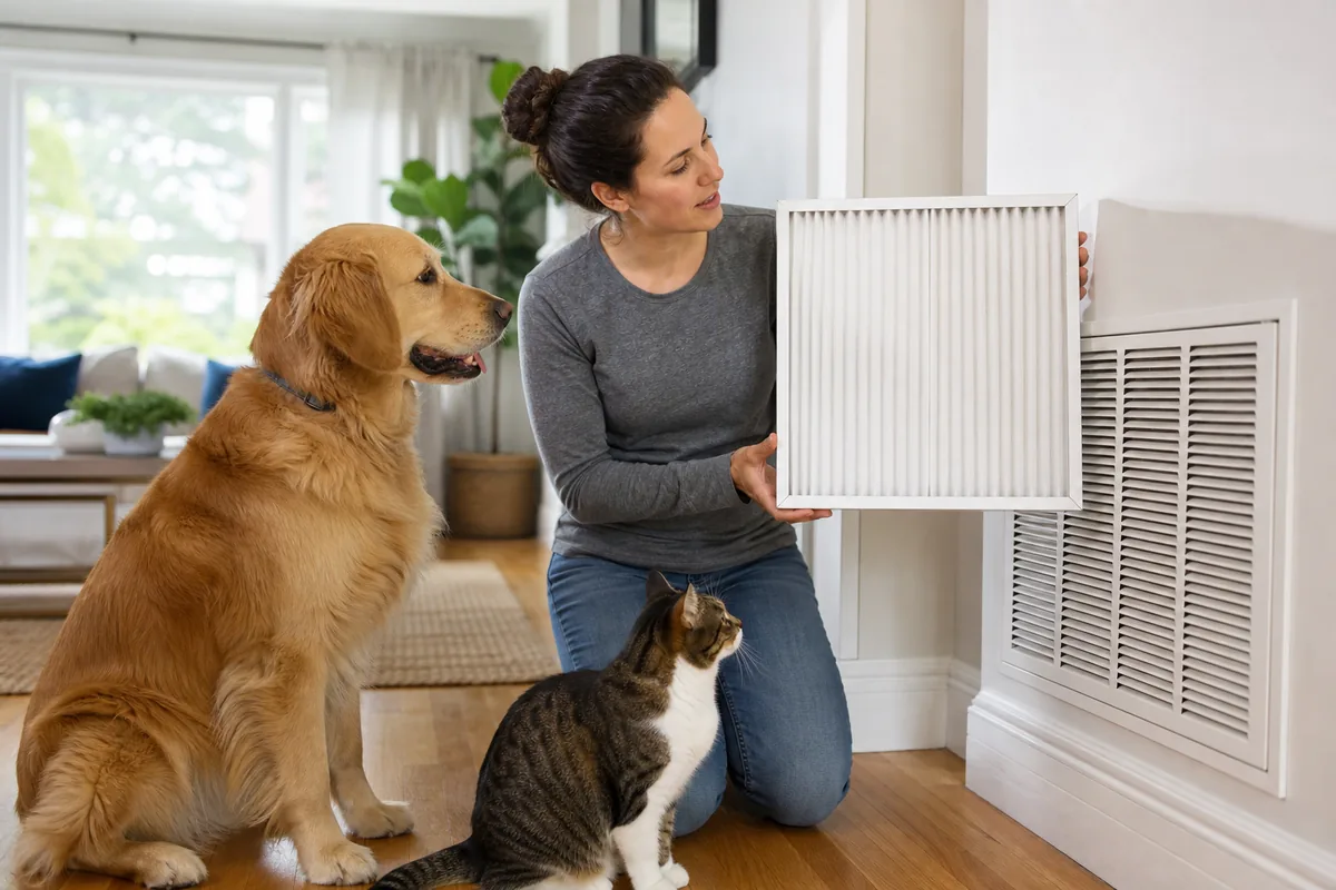 Homeowner holding a clean pleated HVAC filter beside a dog, cat, and wall return grille.