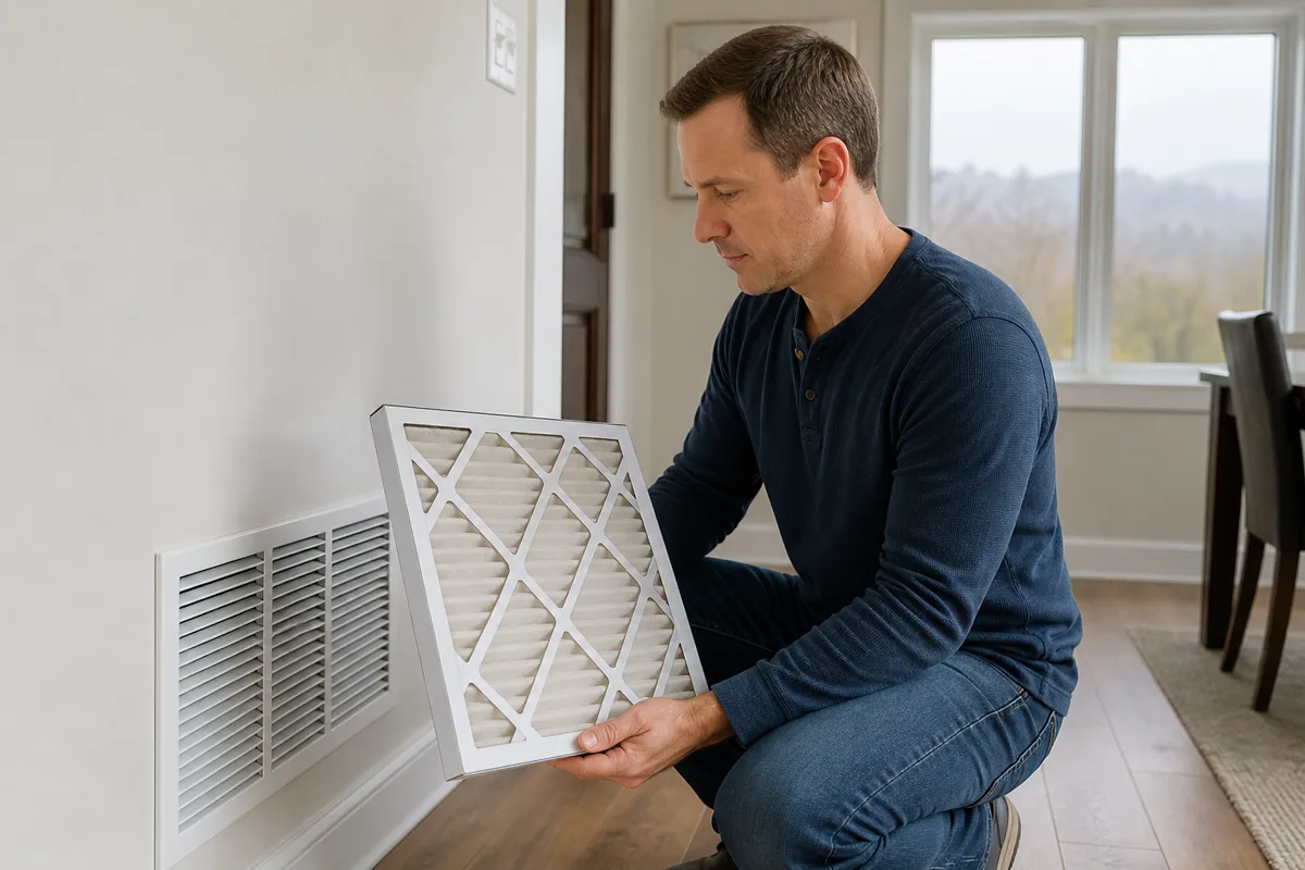 Homeowner holding a clean pleated HVAC filter beside a wall return grille while faint outdoor haze is visible through a closed window.
