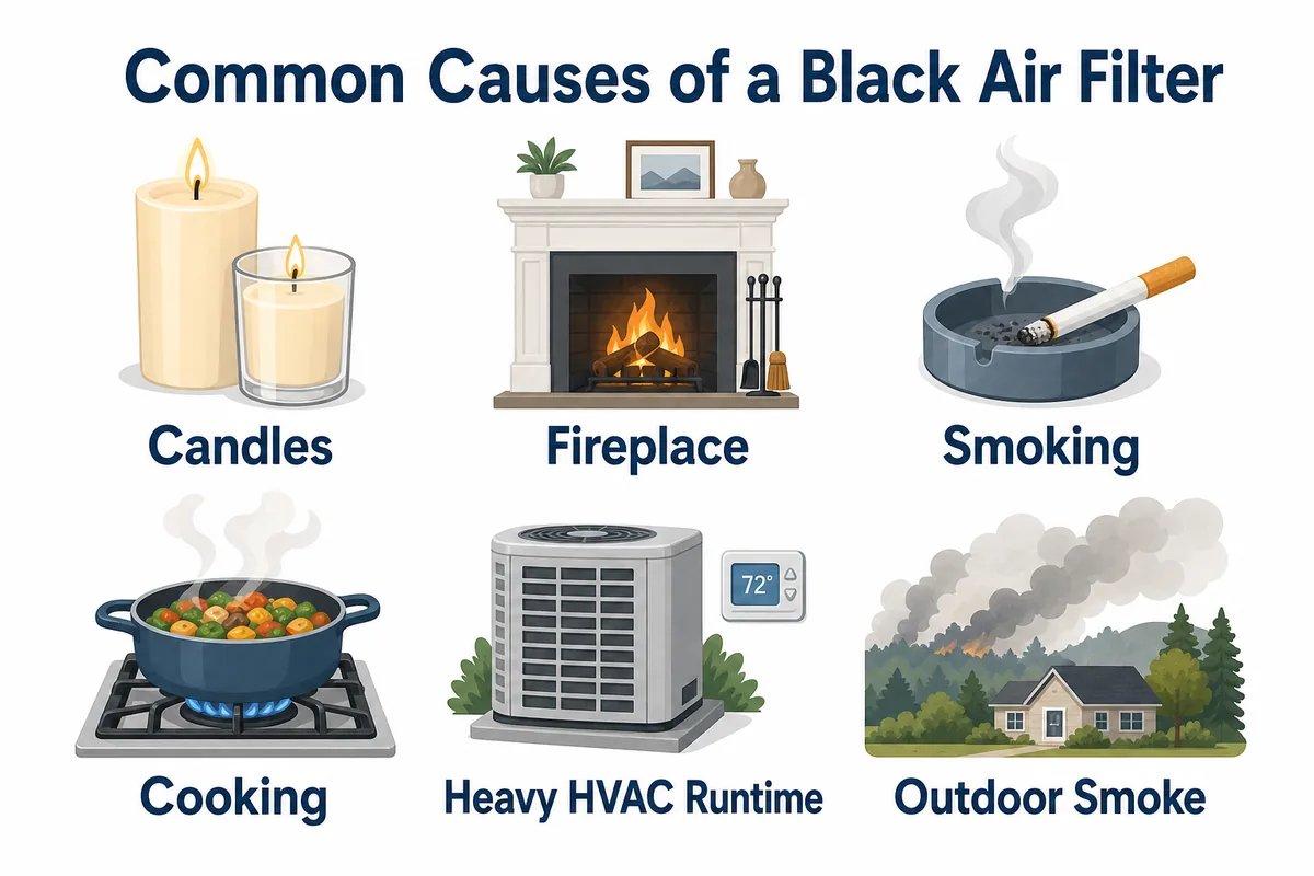 Infographic showing six common causes of a black air filter: candles, fireplace use, smoking, cooking, heavy HVAC runtime, and outdoor smoke.