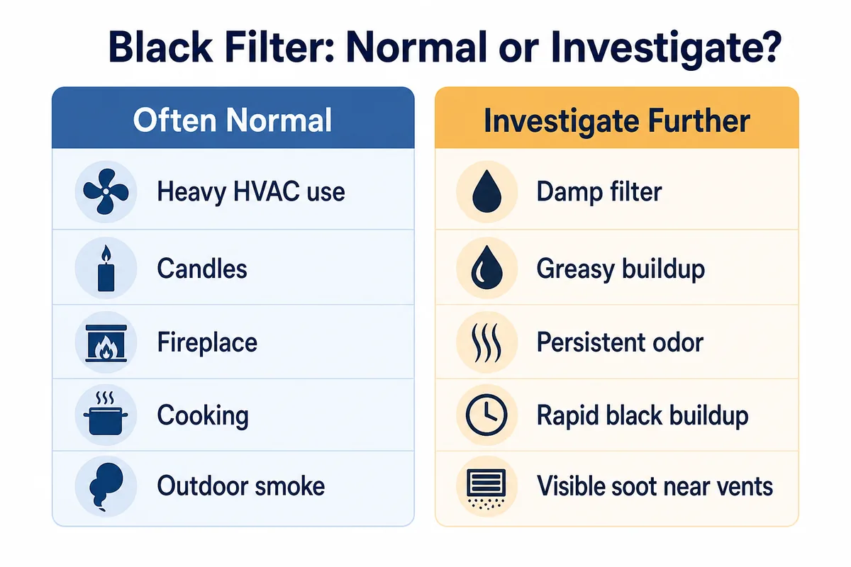 Decision guide comparing often explainable black-filter causes with conditions worth investigating, including dampness, grease, odor, rapid buildup, and visible soot.