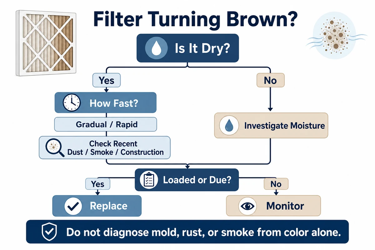Decision guide for checking whether a brown HVAC filter is dry, how quickly it changed, and whether it is loaded or due.
