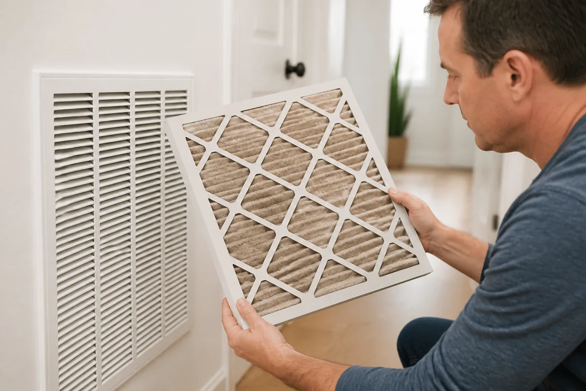 Homeowner inspecting a dry pleated HVAC filter with realistic tan and brown dust loading.