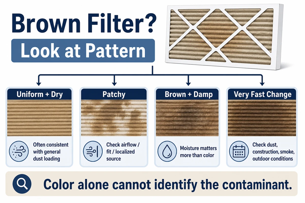 Infographic comparing uniform dry browning, patchy discoloration, damp brown media, and a very fast color change on HVAC filters.