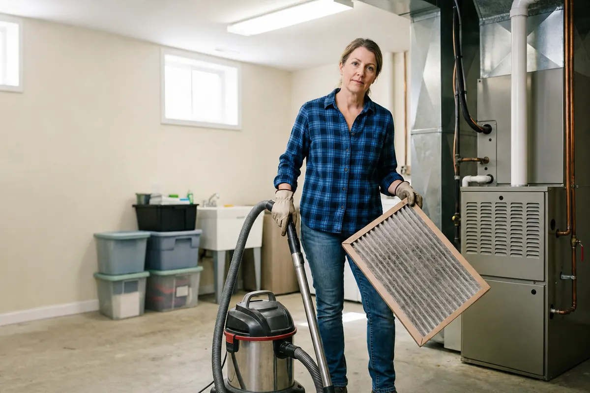 Homeowner holding a moderately dusty disposable HVAC filter beside an idle vacuum in a utility room.