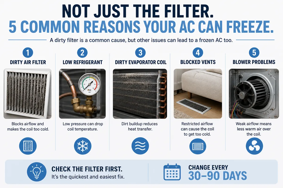 Common causes of a frozen air conditioner, including a dirty filter, low refrigerant, blocked vents, dirty coils, and blower problems.