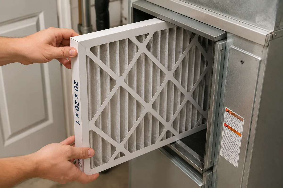 Homeowner sliding a clean pleated air filter into an HVAC system