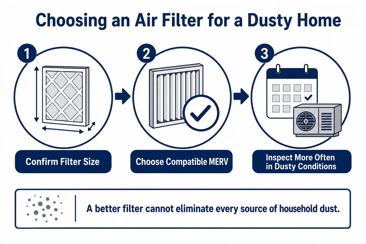 Three-step guide to confirm filter size, choose a compatible MERV rating, and inspect more often in dusty conditions.
