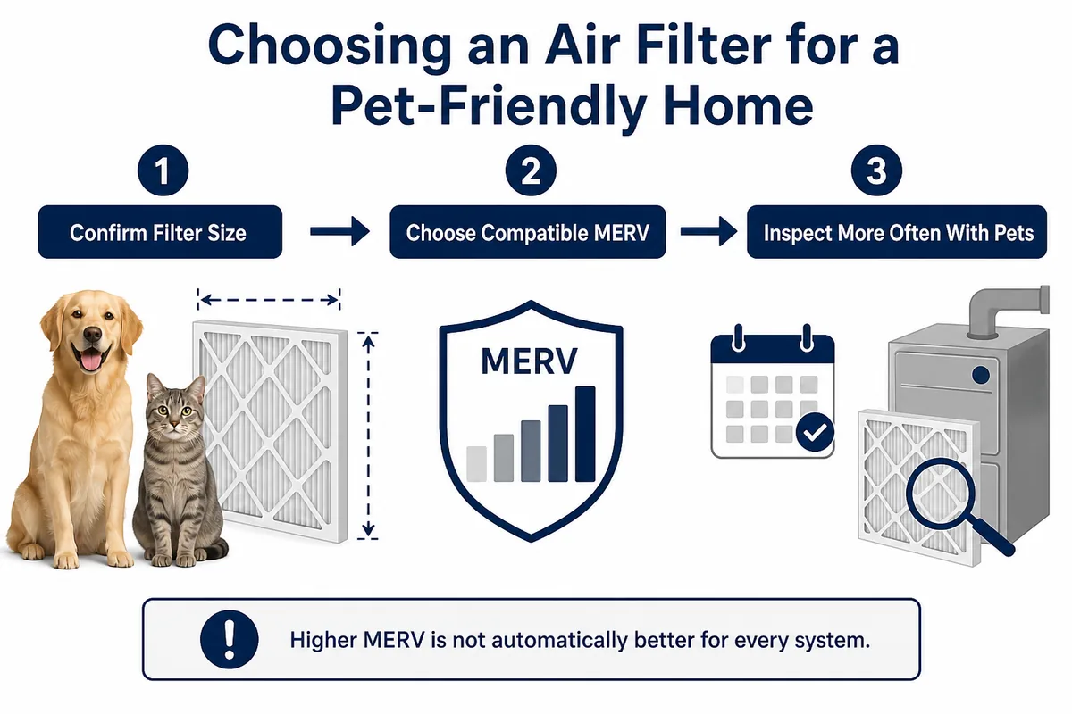 Three-step guide to confirm air filter size, choose a compatible MERV rating, and inspect the filter more often in homes with pets.