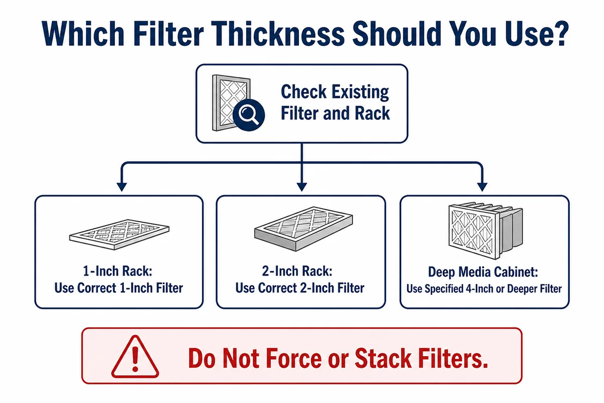 Decision guide directing homeowners to use the filter depth specified for a 1-inch rack, 2-inch rack, or deep media cabinet.