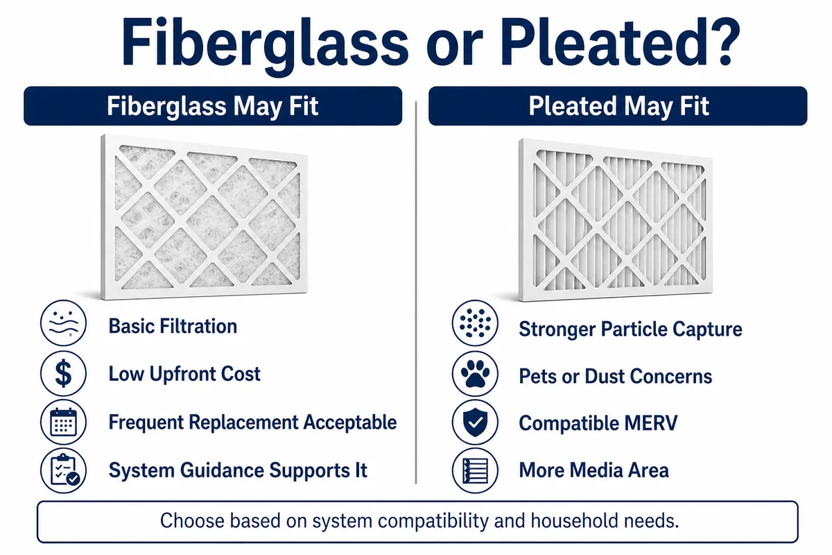 Decision guide comparing when a fiberglass or pleated HVAC filter may fit household and system needs.