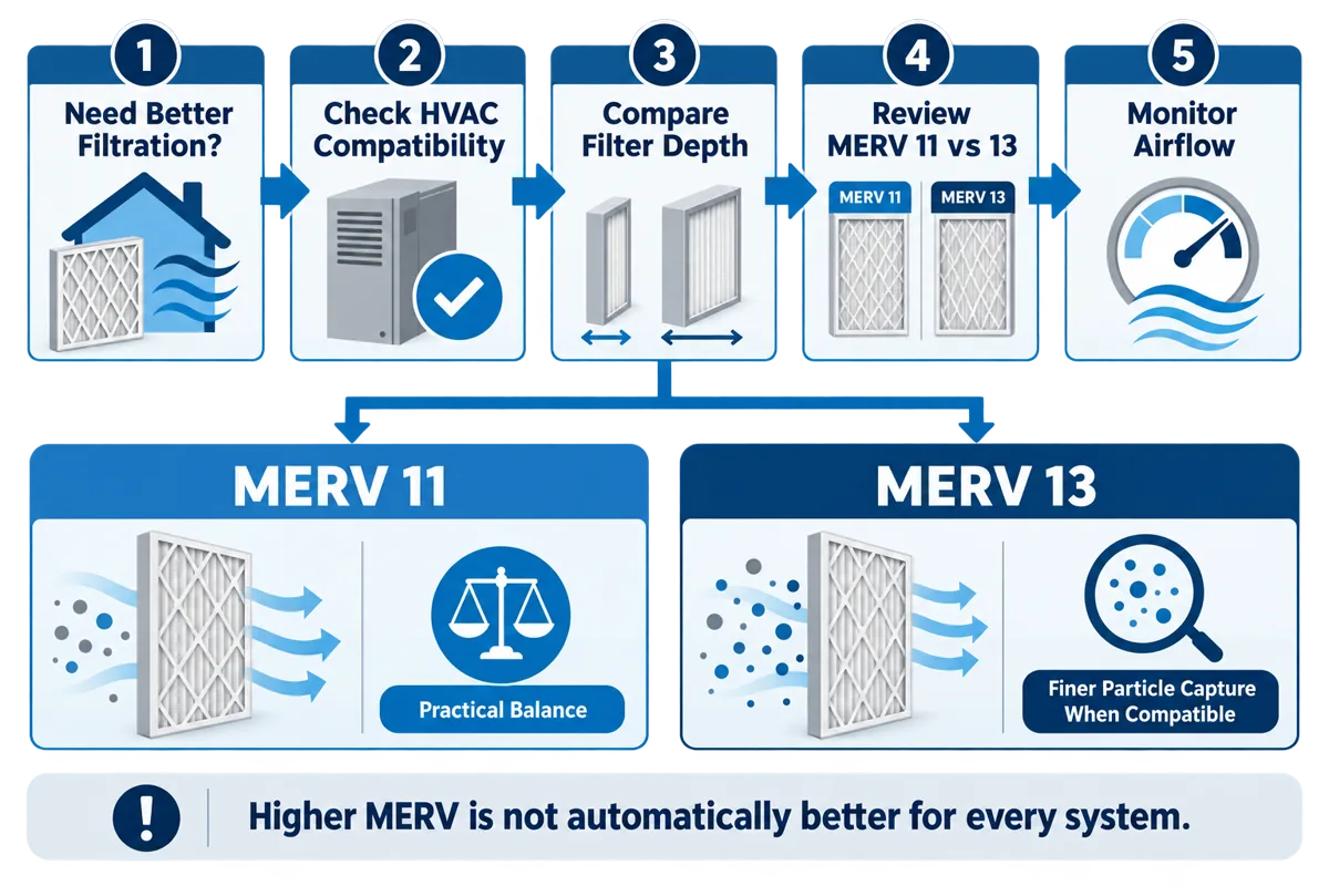 Decision guide for checking HVAC compatibility, filter depth, MERV 11 versus 13, and airflow before choosing a filter.