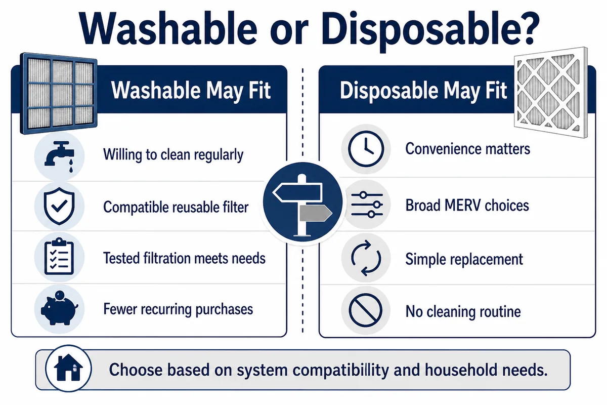 Decision guide showing when a washable or disposable HVAC filter may fit a homeowner's needs.