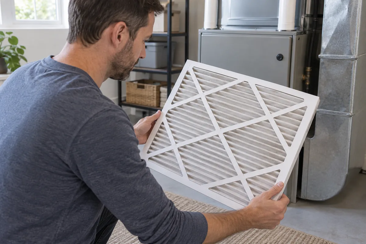 Homeowner inspecting a lightly loaded pleated HVAC filter beside closed central equipment.