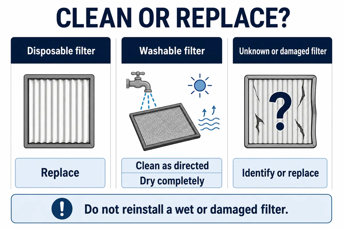 Three-column decision graphic showing that disposable filters should be replaced, washable filters cleaned as directed and dried completely, and unknown or damaged filters identified or replaced.
