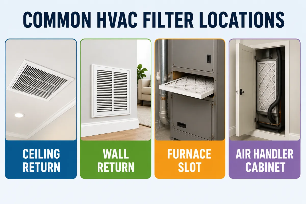 Diagram showing common HVAC filter locations, including a ceiling return, wall return, furnace slot, and air-handler cabinet.