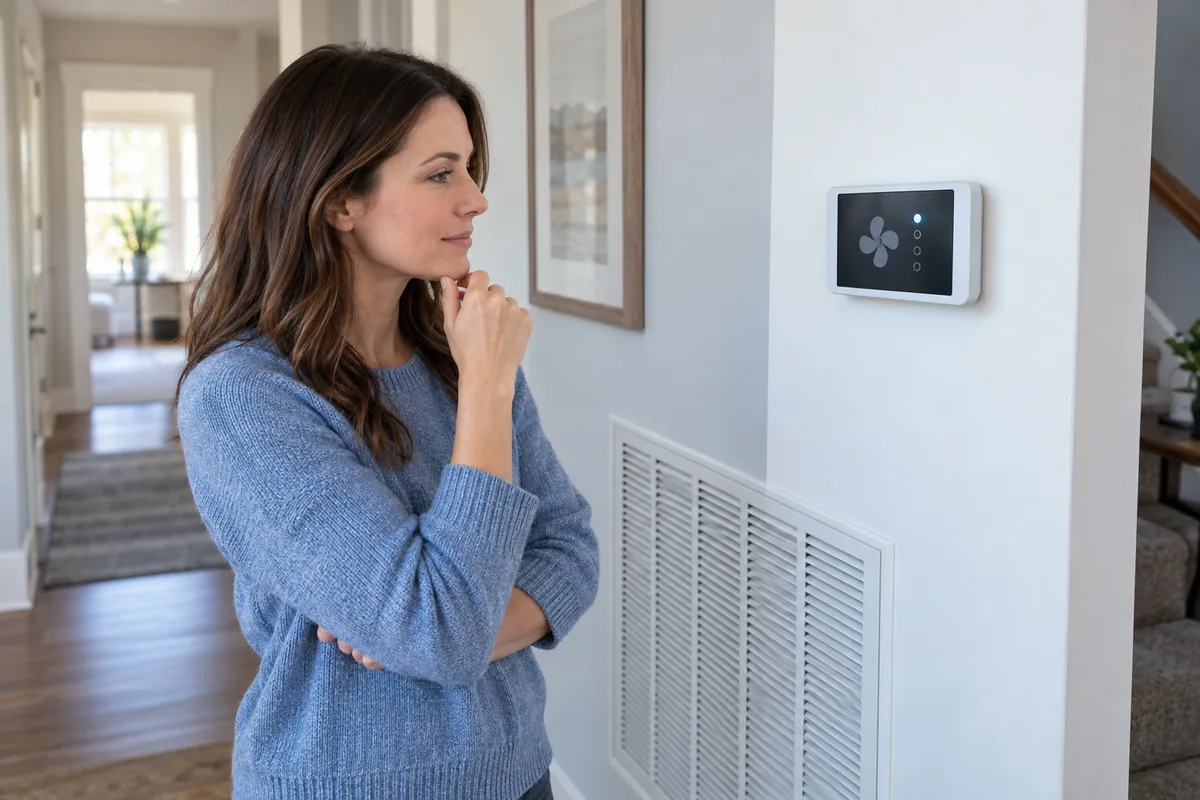 Homeowner reviewing a generic HVAC fan control beside a closed return grille.
