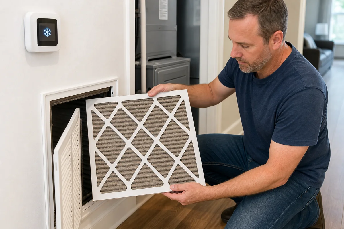 Homeowner safely inspecting a heavily loaded pleated air filter at a return grille while the thermostat is in cooling mode.