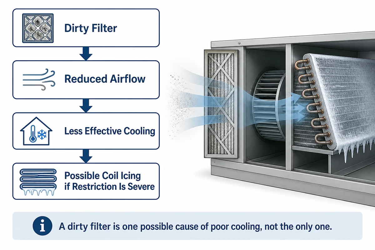 Diagram showing a dirty filter leading to reduced airflow, less effective cooling, and possible coil icing only when restriction is severe.