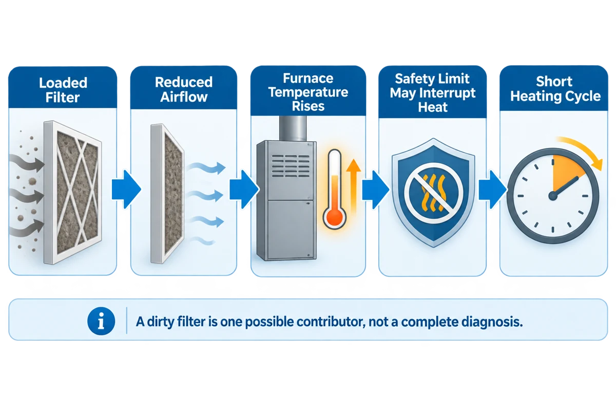Diagram showing a loaded filter reducing airflow, furnace temperature rising, a safety limit possibly interrupting heat, and a short heating cycle.