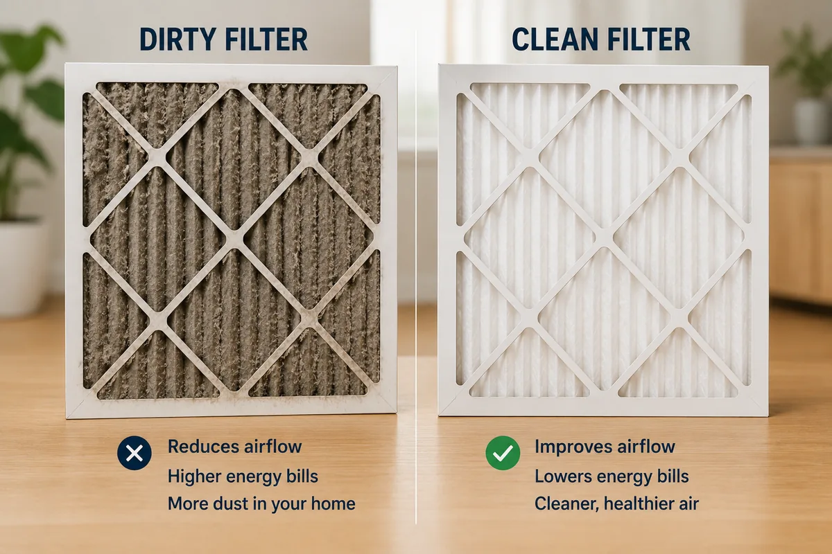 Side-by-side comparison of a dirty HVAC filter and a clean replacement filter