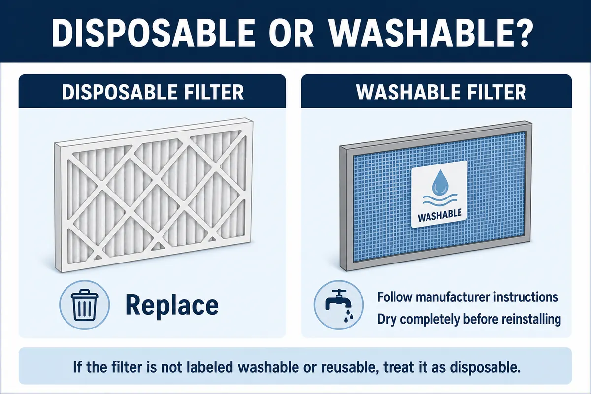 Diagram comparing a disposable pleated HVAC filter that should be replaced with a washable filter that should be cleaned according to its instructions.