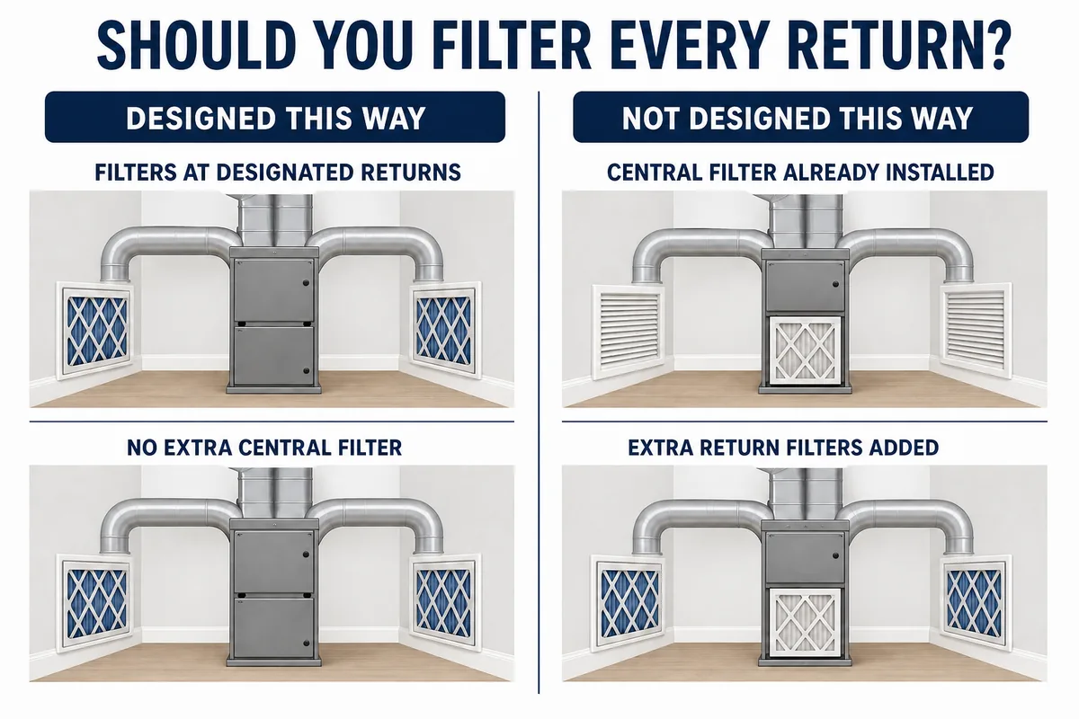 Decision infographic comparing intentionally filtered return grilles with unnecessary return filters added to a central-filter system.