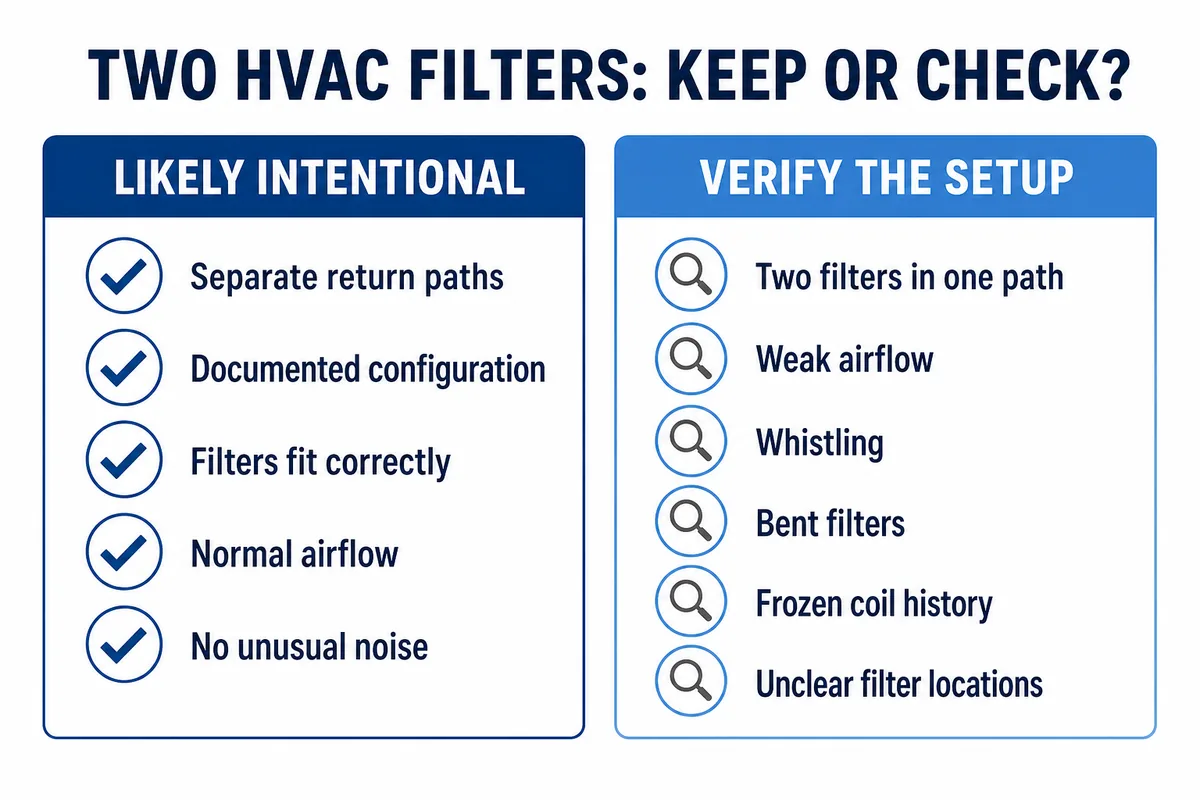 Decision guide showing when two HVAC filters are likely intentional and when the setup should be verified.