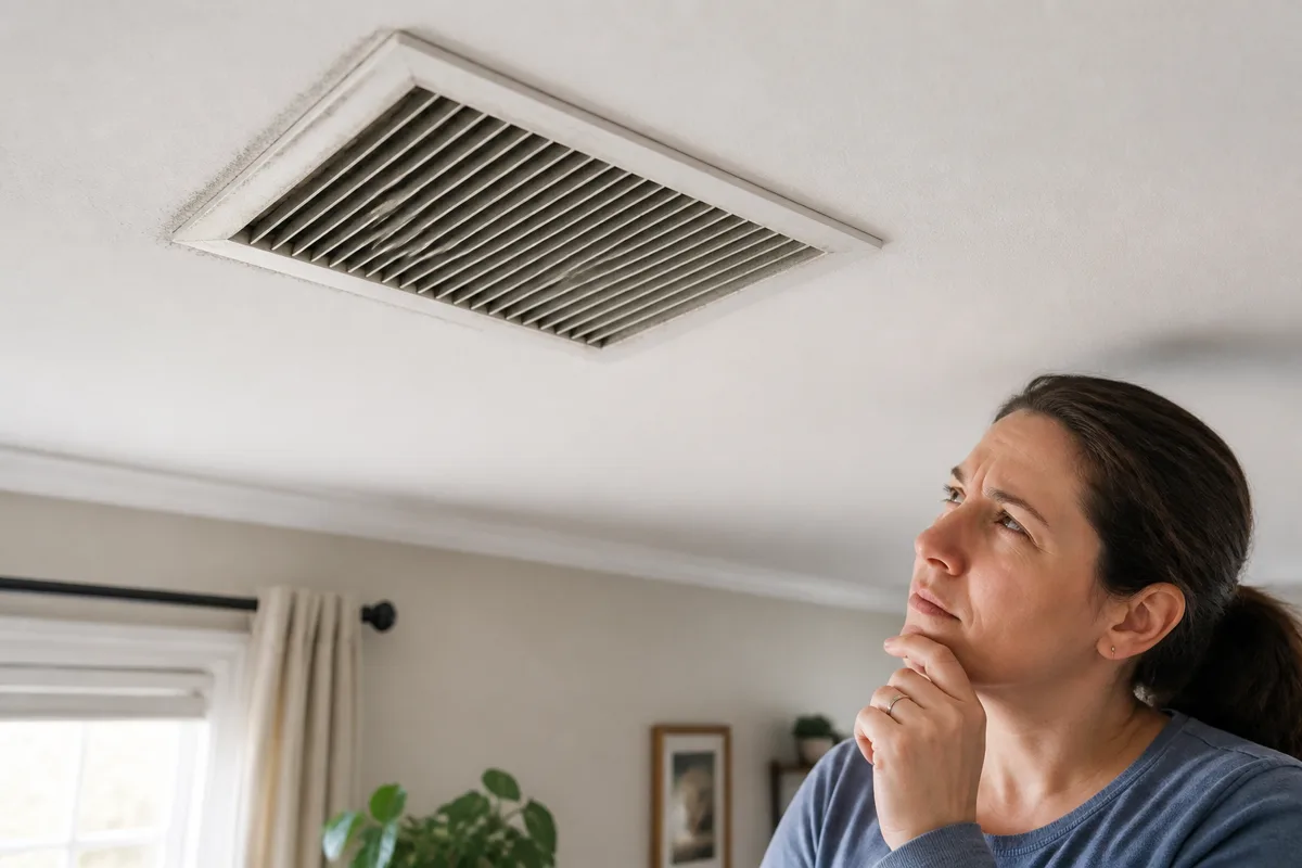 Homeowner inspecting realistic dust accumulation around a residential ceiling supply vent.