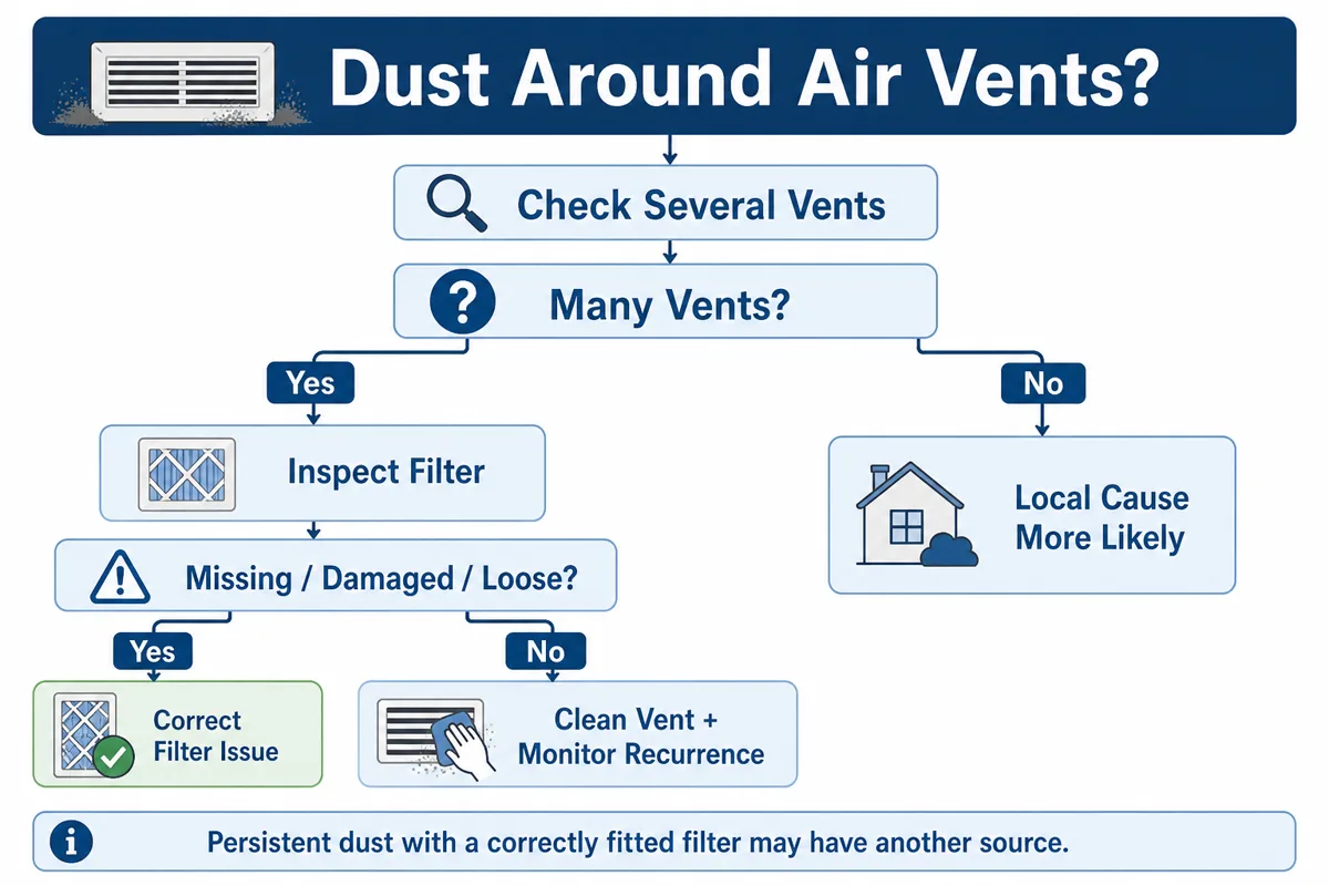 Decision guide for comparing dust at several vents before checking whether the HVAC filter is missing, damaged, or loose.