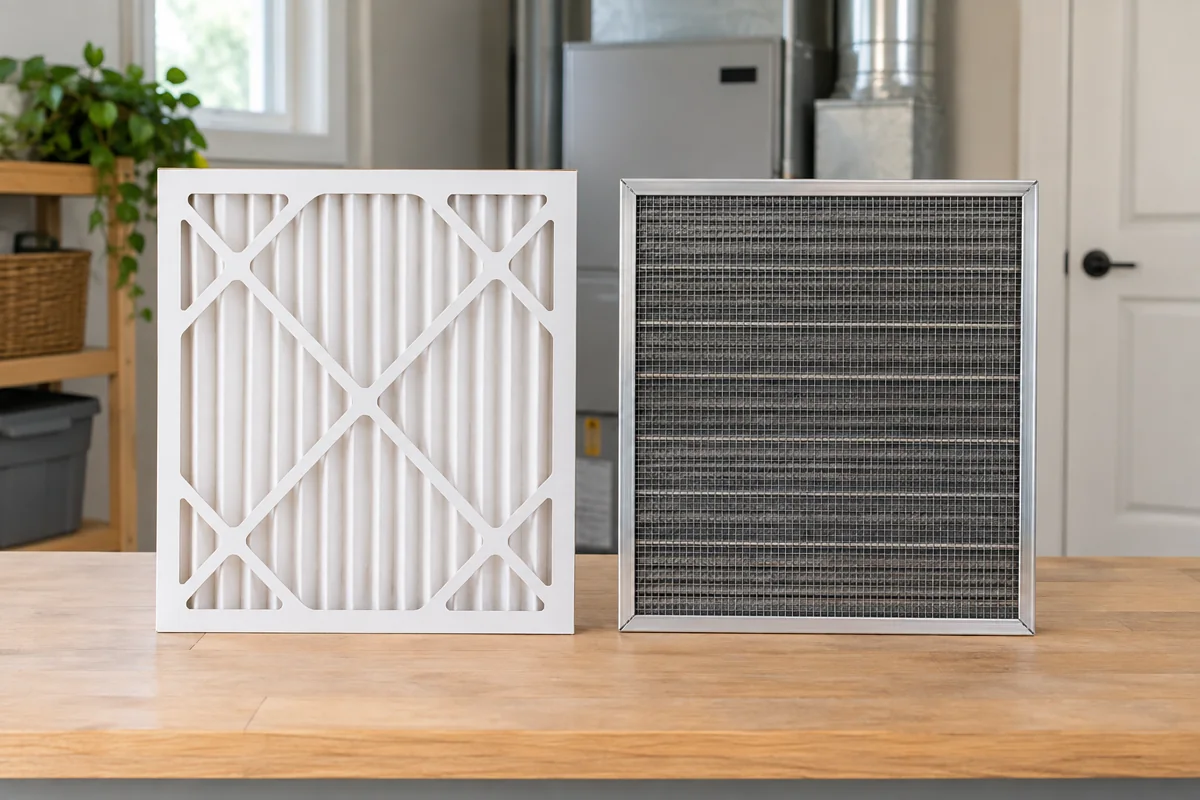 A disposable pleated HVAC filter beside a washable electrostatic-style filter in a utility room.