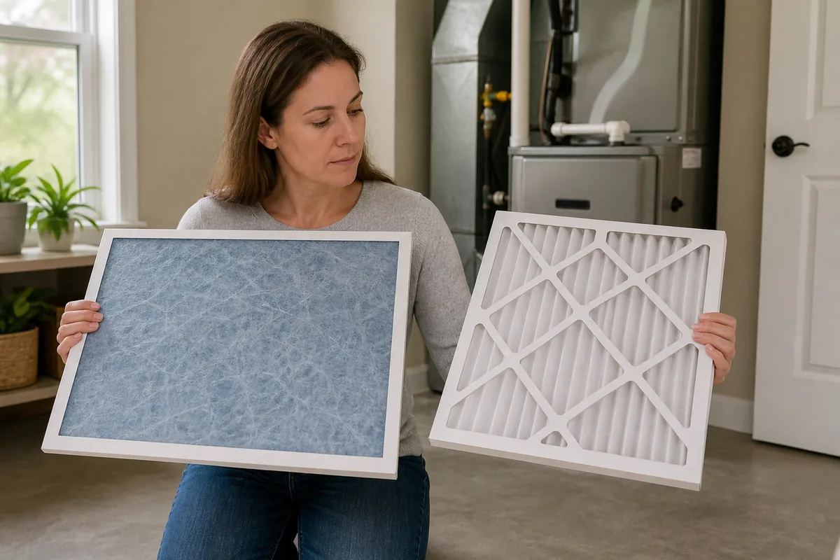 Homeowner comparing a flat blue-gray fiberglass HVAC filter with a white pleated HVAC filter beside a furnace.